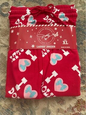 Jolly Ladies' Jogger Pants XL Red with Hearts and Bows Pattern
